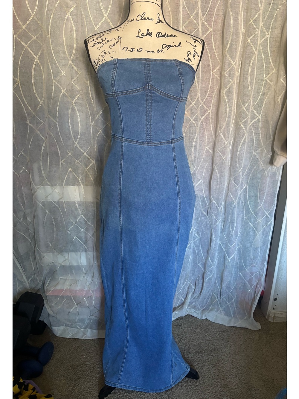 SHEIN Strapless Blue Denim Maxi Dress